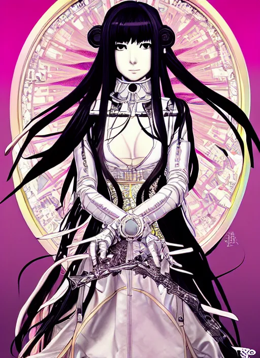 Image similar to highly detailed terada katsuya artstation minaba hideo fantastic fate shigenori soejima manga poster of princess mechine, long hair, armor, dress, laces, ruffles, 8 k, fluorescent, maximalist, jump comics, tomer hanuka, alphonse mucha