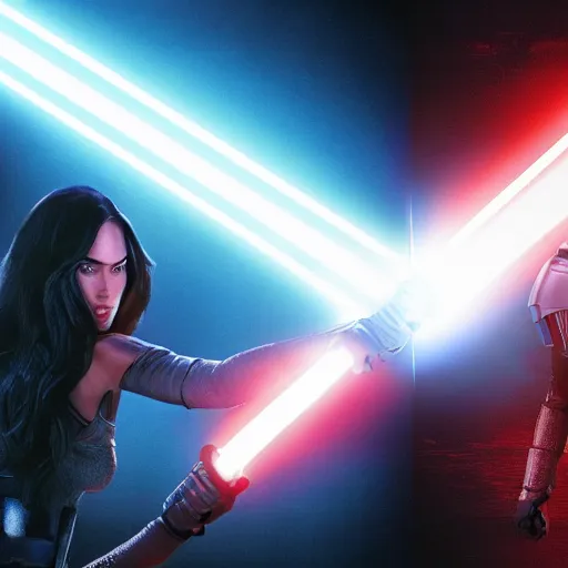 Image similar to first shot of megan fox fighting darth vader in star wars reboot, ( eos 5 ds r, iso 1 0 0, f / 8, 1 / 1 2 5, 8 4 mm, postprocessed, crisp face, facial features )