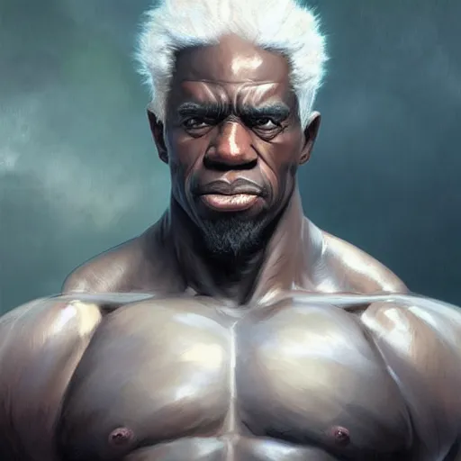 Image similar to wow, fanart ugly muscular black man with white hair and a protruding jaw with visible pectoral muscles, detailed, digital art, artstation, smooth, sharp focus, art by artgerm, greg rutkowski, alphonse mucha