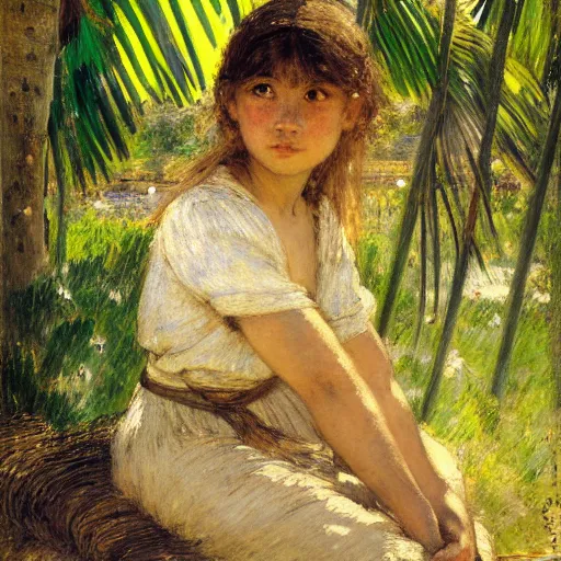 Prompt: a ultradetailed beautiful painting of a girl in amazonas by jules bastien - lepage, hans belmer, frank weston and gustave baumann, trending on artstation, mediterranean, palm trees, light sparkles, sharp focus, soft light