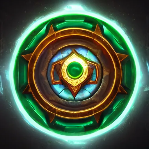 Prompt: green shield fantasy epic legends game icon stylized, digital illustration radiating, a glowing aura, global illumination, ray tracing, 8 k high definition, intricate details, octane render, unreal engine, trending on arstation