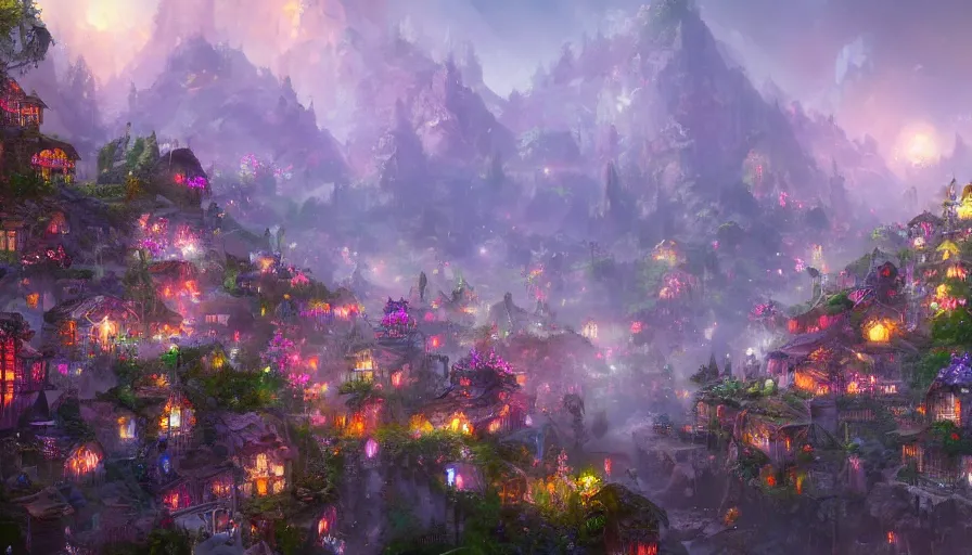 Image similar to village built in flowery mountains, glow lights at night, hyperdetailed, artstation, cgsociety, 8 k