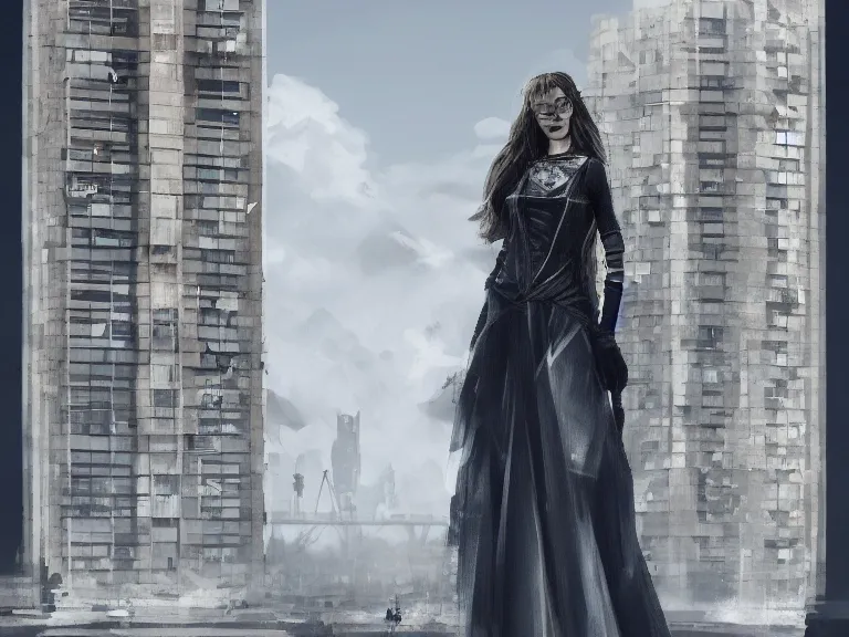 Prompt: full body portrait of a woman styled after a brutalist tower block, fantasy artwork, award winning, very very very very very very very beautiful scenery, artstation