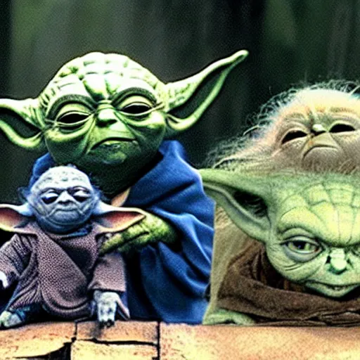 Image similar to Yoda surrounded by other members of his species