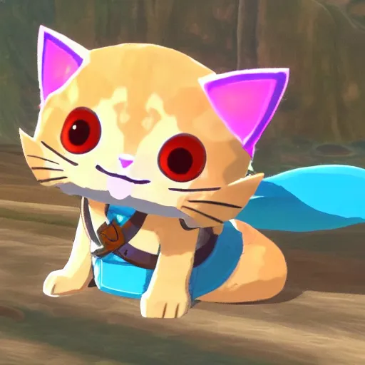 Prompt: Cute kawaii cat in The Legend of Zelda Breath of the Wild, toon shading, npr