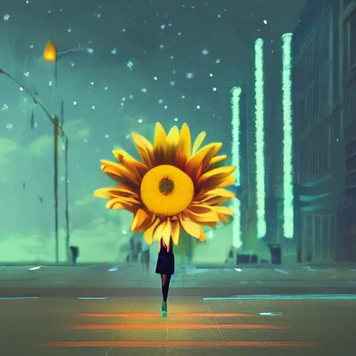 Image similar to giant daisy flower head, woman walking in a modern city with neon, surreal photography, night, dark, stars, impressionist painting, digital painting, artstation, simon stalenhag