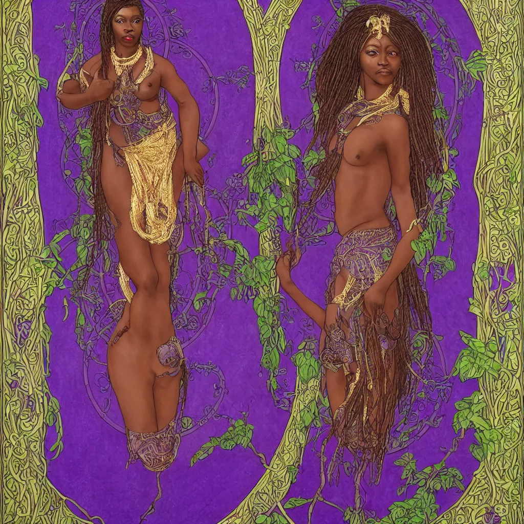 Image similar to : Singlular stunning Art Nouveau african goddess standing in a portal doorway with a purple mystical garden behind her in the by Elisabeth Sonrel, intricate, beautiful, artstation 8k, high resolution