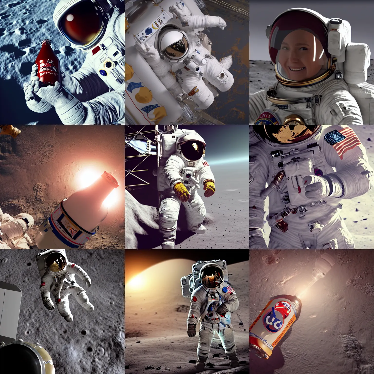 Prompt: a high detail shot of astronaut drinking a bottle cola on the moon , realistic, 8k, Unreal engine,