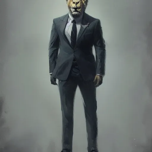 Image similar to A portrait of Lion, in a suit, fantasy art, art by greg rutkowski, matte painting, trending on artstation