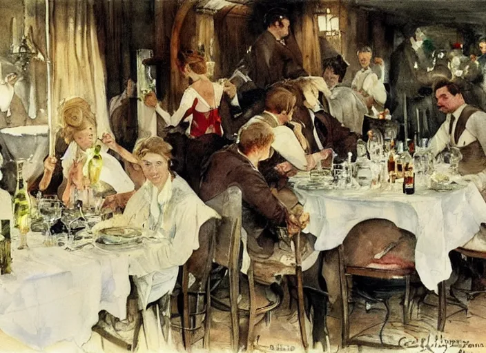 Image similar to gentlemens dinner, blonde waitresses, masterpiece, meat, wine, schnapps, watercolor by anders zorn and carl larsson, art nouveau