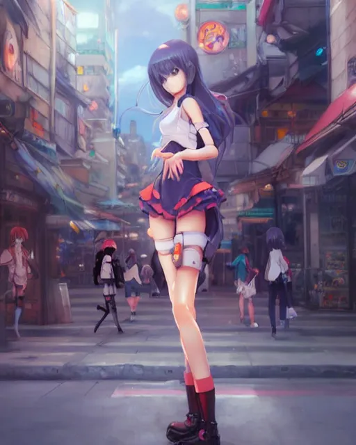 Prompt: concept art of a anime girl with robotic limbs, standing in a city center | | cute - fine - fine details by stanley artgerm lau, wlop, rossdraws, and sakimichan, trending on artstation, brush strokes