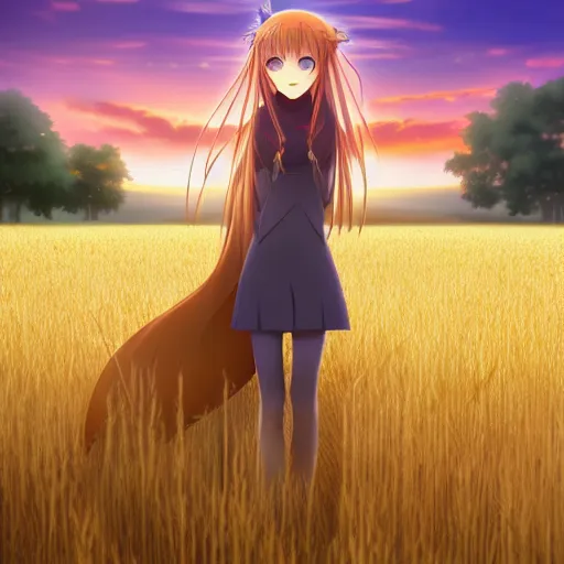 Image similar to Holo from Spice and Wolf standing in a wheat field at sunset, Holo is a wolf girl, high detail, anime key visual, beautiful, 8k resolution, trending on pixiv