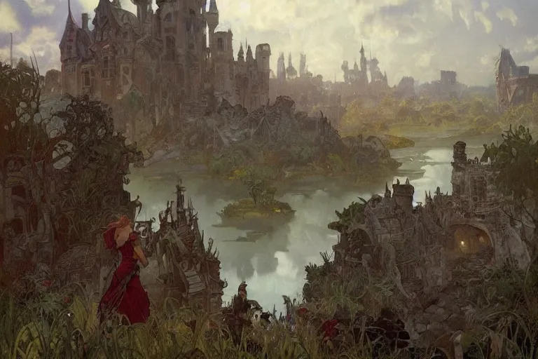 Image similar to a beautiful moody painting of murky swamp with a wrecked castle, peasants living in a slums looking at the castle, by Joe Madureira and Greg Rutkowski and Alphonse Mucha