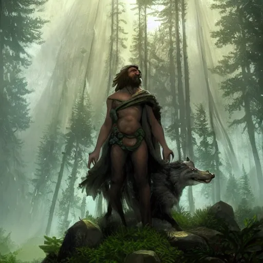 Prompt: epic fantasy portrait of a earth and nature god with medium length brown hair and a husky beard holding a dark metal sword in the deep forest as he looks at us, oil painting by Greg Rutkowski and Charlie Bowater and Artgerm, unreal 5, DAZ, epic RPG Portrait, trending on artstation, dynamic lighting, late afternoon lighting, forest, green theme, afternoon light