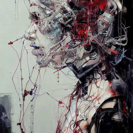 Image similar to a cyberpunk noir detective, skulls, wires cybernetic implants, machine noir grimcore, in the style of adrian ghenie esao andrews jenny saville surrealism dark art by james jean takato yamamoto and by ashley wood and mike mignola