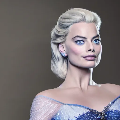 Image similar to Margot Robbie as Elsa in disney frozen live action, 8k full HD photo, cinematic lighting, anatomically correct, oscar award winning, action filled, correct eye placement,