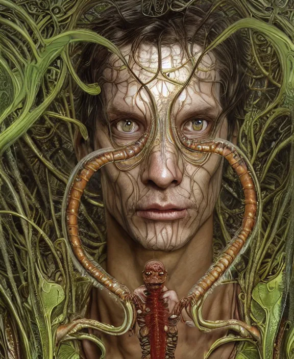 Prompt: intricate ornate opulent transparent clear see - through portrait of a terrifying beautiful emaciated male alien centipede, mottled coloring, adorable, childlike, overgrown jungle environment, ultra realistic, concept art, art nouveau, photorealistic, octane render, 8 k, unreal engine. art by christopher marley and artgerm and greg rutkowski and alphonse mucha