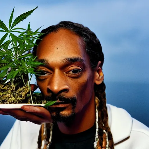 Image similar to A photo of Snoop Dogg standing on a fishing boat with cannabis plants in the background, 4k, hd, medium shot, highly detailed, cinematic