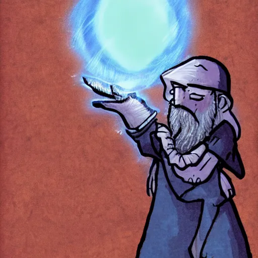 Prompt: Old wizard, pondering blue orb, in the style of darkest dungeon