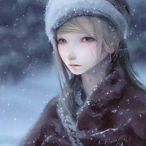 Image similar to Girl in a snowy landscape, digital art, by Yoshitaka Amano, trending on artstation