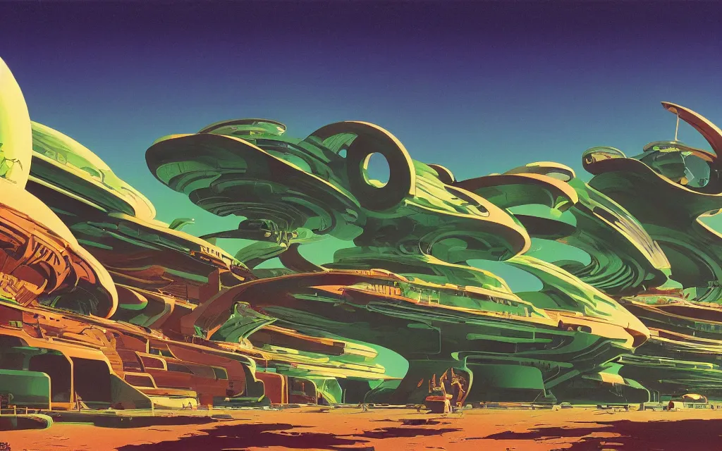 Prompt: wideangle view of a spaceport deep green colors, highly detailed science fiction painting by syd mead, roger dean, and moebius. rich colors, high contrast, black background. unreal engine, artstation.