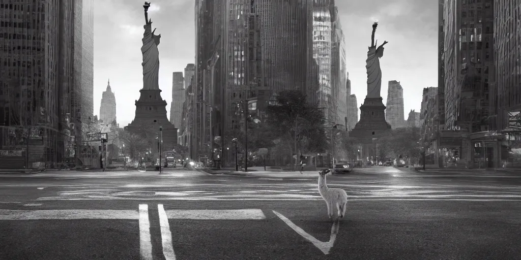 Image similar to a llama walking through a desolate manhattan city street at night, statue of liberty seen in the background, realistic 4 k octane beautifully detailed render, 4 k post - processing, highly detailed, detailed face, intricate complexity, epic composition, magical atmosphere, cinematic lighting, masterpiece, color picture, ultra hd