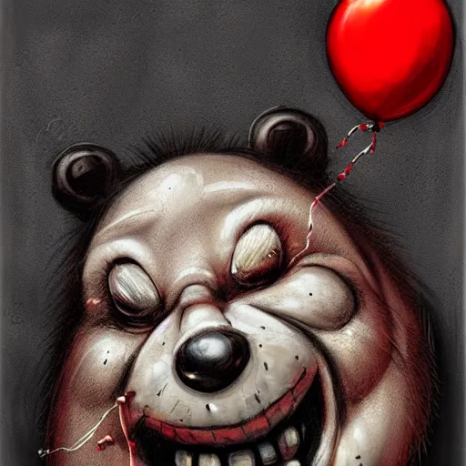 Prompt: surrealism grunge cartoon portrait sketch of a bear with a wide smile and a red balloon by - michael karcz, loony toons style, mad max style, horror theme, detailed, elegant, intricate