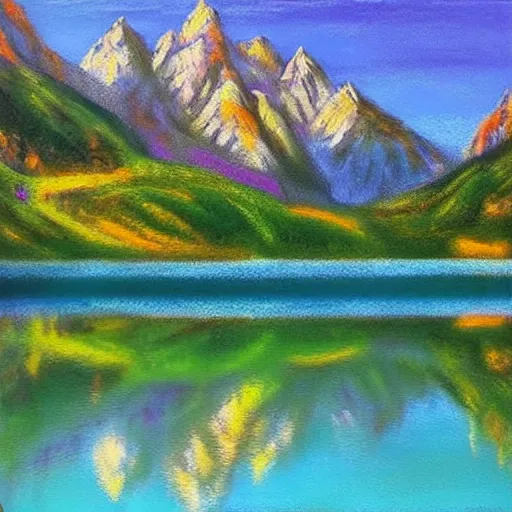 Prompt: Beautiful artwork painting of a beautiful italian landscape with a lake, mountains and trees, detailed, symmetrical, award-winning, pastel color pallette, inspiring