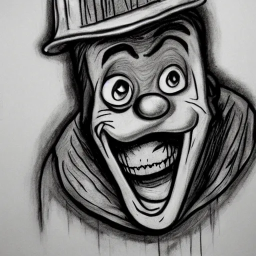 Prompt: a scary horror themed goofy-janitor, drawn with charcoal and pen and ink, half-tone-line-stacking