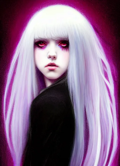 Image similar to hair blackbangs hair, white hair, blackbangswhitehair, portrait of teenage girl with black bangs, red irises, purple clothes, black bangs, bangs are white hair is black, intricate, elegant, glowing lights, highly detailed, digital painting, artstation, concept art, sharp focus, illustration, art by wlop, mars ravelo and greg rutkowski