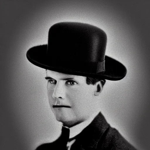 Image similar to A photograph portrait of Jerma985 wearing a bowler hat in the early 1920s, taken in the early 1920s, grainy, taken on a early 1900s Kodak Camera, realistic, hyperrealistic, very realistic, highly detailed, very detailed, extremely detailed, detailed, digital art, trending on artstation