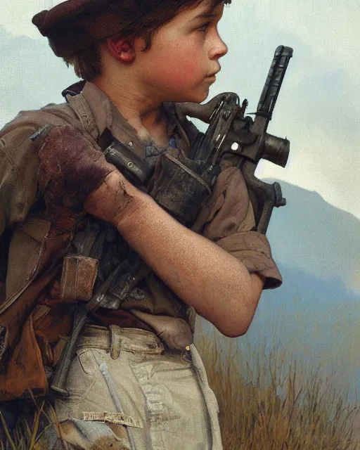 Prompt: side portrait of an Appalachian boy playing with a dusty cap gun, detailed features, dirt, Appalachian mountains, sharp focus, illustration, highly detailed, oil painting, matte, art by Greg Rutkowski and Alphonse Mucha, masterpiece