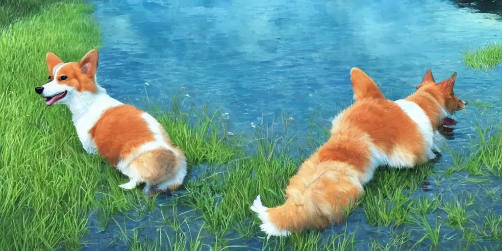 Prompt: A corgi by a pond, there is blue sky, there is water splash, there are kittens by the pond, the atmosphere is cheerful, the colors are bright, high picture quality, by Makoto Shinkai