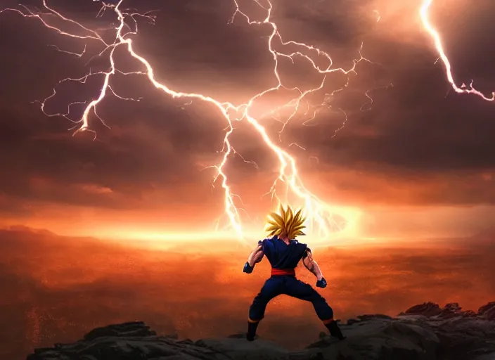 Image similar to real life goku going super saiyan, beautiful landscape, lightning storm, dramatic lightning, cinematic, establishing shot, extremly high detail, photorealistic, cinematic lighting, epic fight scene, post processed, concept art, artstation, matte painting, style by greg rutkowsky