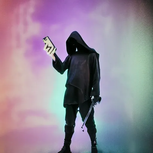 Image similar to dramatic cinematic scene of the Grim Reaper taking a selfie, mucha, colorful, purple, black, highly rendered, beautiful, cyberpunk, very highly detailed, symmetrical, archillect, moody lighting, glowing light and shadow, atmospheric, studio lighting, 8K