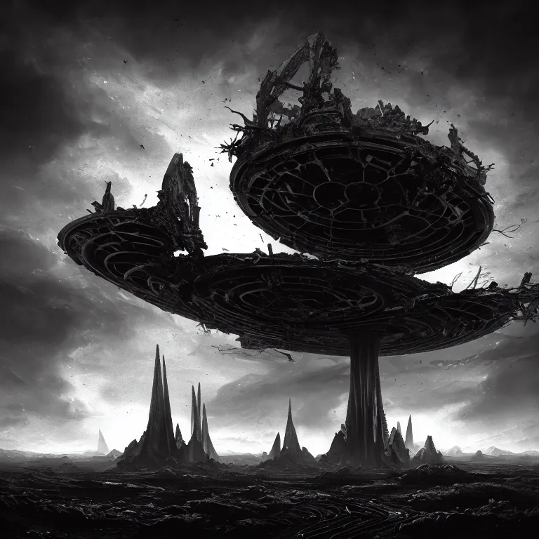 Image similar to landscape abandoned alien structure on exoplanet, wrecked technology, antennas, spire, dark clouds, surreal abandoned buildings, dream-like heavy atmosphere, baroque painting, beautiful detailed intricate insanely detailed octane render trending on Artstation, 8K artistic photography, photorealistic, dramatic volumetric cinematic light, chiaroscuro, award-winning photograph, masterpiece, Raphael, Caravaggio, Beksinski, Giger