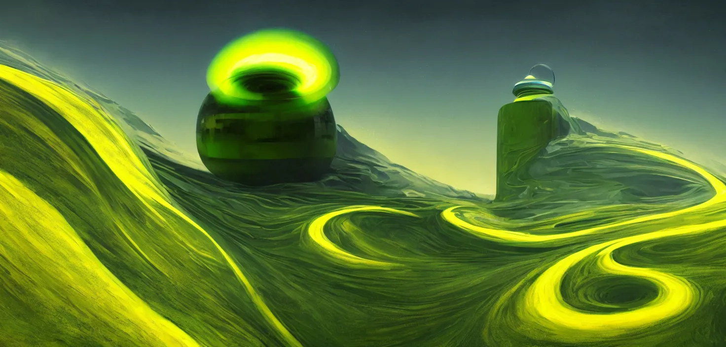 Image similar to a painting of a green and yellow swirl in the middle of a mountain, a computer rendering by mike winkelmann, shutterstock contest winner, nuclear art, tesseract, apocalypse art, concept art