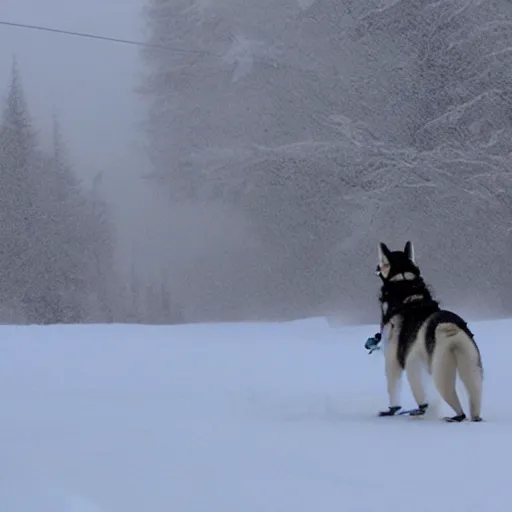 Prompt: a very very tall husky skiing