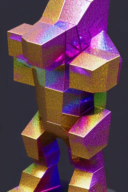 Image similar to a multicolored bismuth golem, an abstract sculpture by ryusei kishida, polycount, crystal cubism, angular, iridescent, made of crystals : : extremely high details, masterpiece, photorealistic, hyperrealism, vray, octane render, volumetric lighting, depth of field, bokeh, artstation, cgsociety