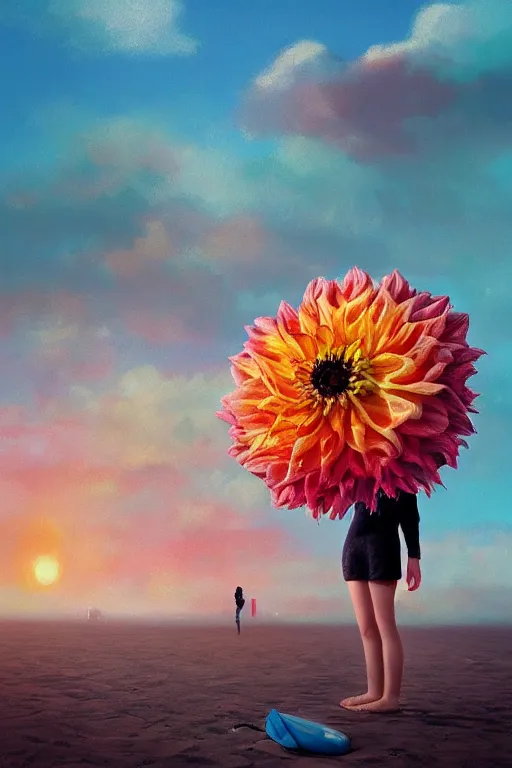 Image similar to closeup girl with huge dahlia flower head, on beach, surreal photography, blue sky, sunrise, dramatic light, impressionist painting, digital painting, artstation, simon stalenhag