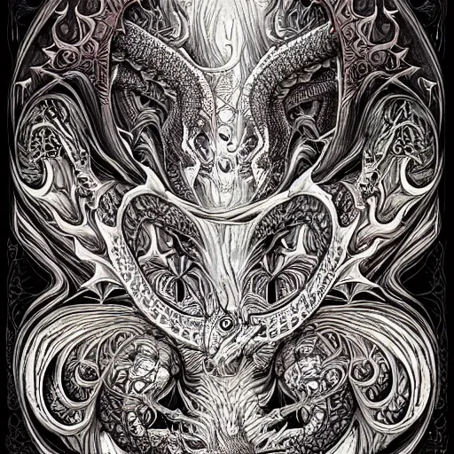 Prompt: a painting of a dragon in a frame, digital art by joe fenton, alex grey, behance contest winner, psychedelic art, psychedelic, lovecraftian, biomorphic, intricate, detailed