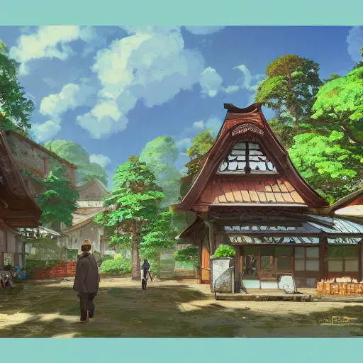 Image similar to concept art painting of a historic bakery with european and japanese architecture, in a woodland village surrounded by trees, in a mountain valley, realistic, detailed, cel shaded, in the style of makoto shinkai and greg rutkowski and james gurney