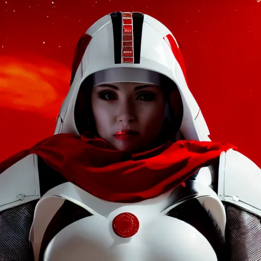 Prompt: headshot of a beautiful female soldier in glossy sleek primarily white armor with tiny red details and a long red cape, looking up at camera, determined expression, no helmet, on the surface of mars, night time, cinematic, sci-fi, hyperrealistic