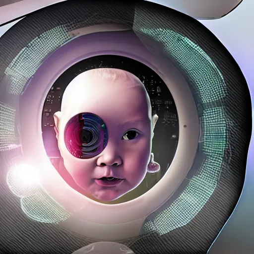 Image similar to a cyborg baby growing in a sci - fi gestation pod, a very cyberpunk scene ; graphic art