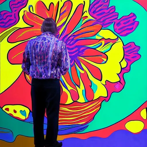 Image similar to a man standing in front of a giant painting, a pop art painting by peter max, behance contest winner, psychedelic art, psychedelic, poster art, made of flowers