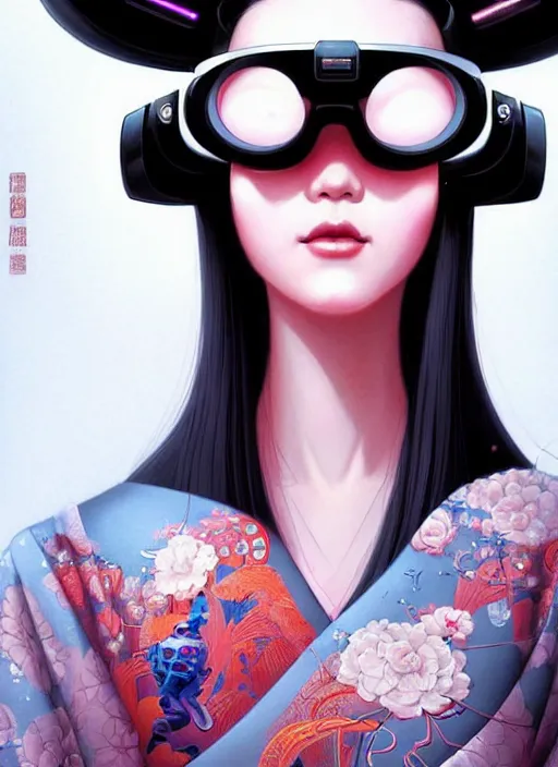 Image similar to wide angle portrait shot of female japanese android wearing a vr eyewear and a very detailed and intricate geisha kimono dress, intricate detail, cyber neon lighting, highly detailed, artstation, glamor pose, concept art, art by peter mohrbacher and boris vallejo and liam wong, pinterest, artstation, digital painting,