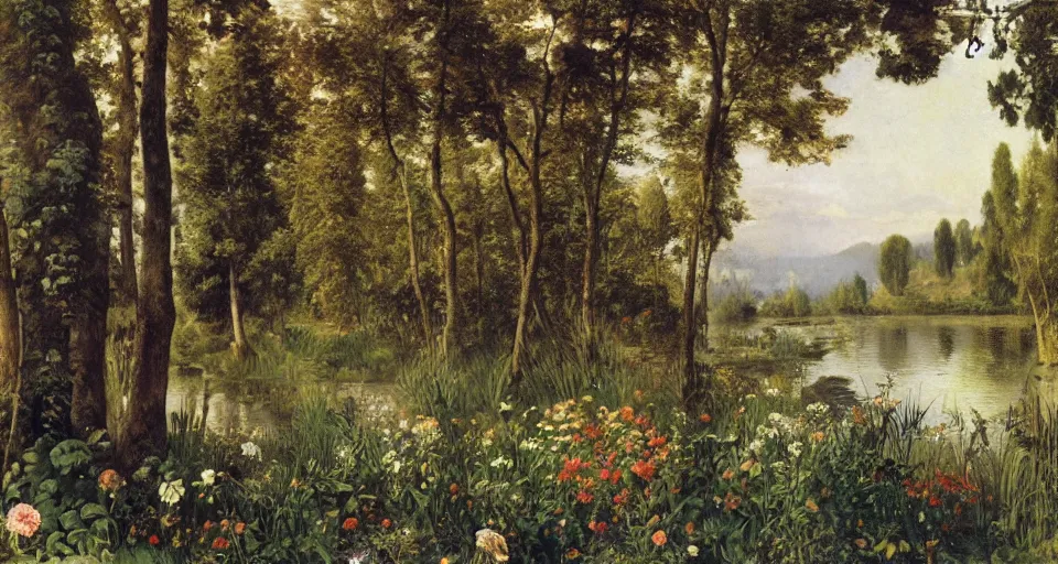 Image similar to atlas texture map megascans, flowers by the lake with forest in background, white background illustrated by eugene von guerard, ivan shishkin, john singer sargent