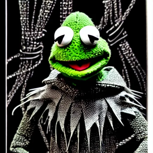 Image similar to Kermit the Frog looking sinister, Sesame Street, by Tsutomu Nihei, highly detailed