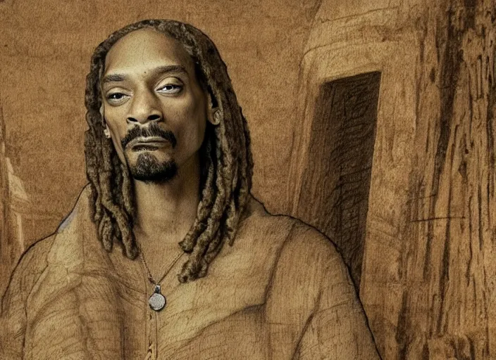 Image similar to a very high resolution image from a new movie, snoop dogg. drawn by leonardo da vinci. mountains, directed by wes anderson