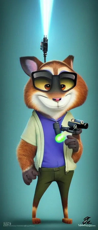 Image similar to “ animal character in the style of zootopia holding laser gun, floating alone, with a black dark background, digital art, award winning, trending on art station ”